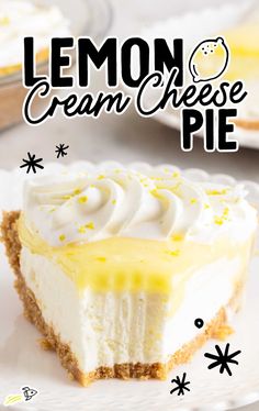 a piece of lemon cream cheese pie on a white plate with the title overlay