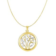 14k Yellow And White Gold Round Tree Of Life Necklace, 18" Gold Tree Of Life, Gold Tree, Solitaire Pendant Necklace, Solitaire Pendant