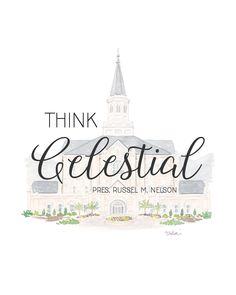 the words think and do what they are doing in front of a church with a steeple