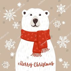 a polar bear wearing a red scarf with snowflakes around it and the words merry christmas