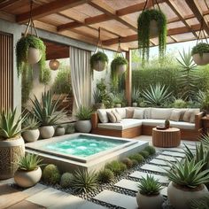 an outdoor hot tub surrounded by potted plants