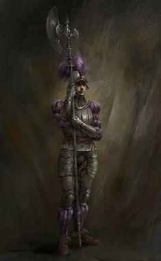 a painting of a man dressed in armor and holding a sceptula with purple hair