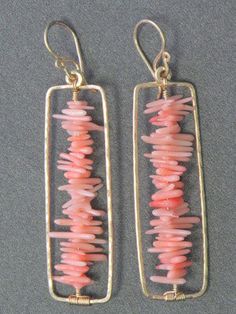 Bohemian 63 Hammered rectangle earrings with pink coral. $98.00, via Etsy. Handmade Square Pink Jewelry, Handmade Pink Square Jewelry, Bijoux Fil Aluminium, Rectangle Earrings, Coral Earrings, Wire Work Jewelry, Earrings Inspiration, Handmade Wire Jewelry, Homemade Jewelry