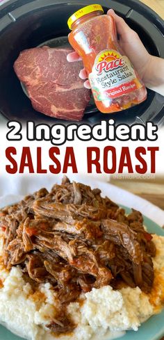 two ingredient salsa roast on top of mashed potatoes in a slow cooker with the title overlay