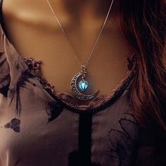 Moon Star Glowing Necklace Alloy Plated Pendant Jewelry Elegant Snake Chain 18 Inches,Turquoise Blue Moonglow Necklace, Glow Jewelry, Half Moon Necklace, Moon Necklace Silver, Glowing Necklace, Moon Phases Necklace, Crescent Necklace, Heart Shaped Necklace, Dark Moon