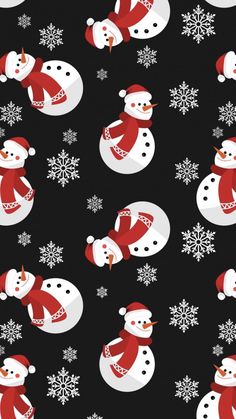 snowmen with red hats and scarfs are on a black background, surrounded by snowflakes