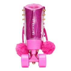 a pink skateboard with two wheels and fur balls