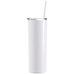 a white tumbler cup with a straw sticking out of the top, on a white background