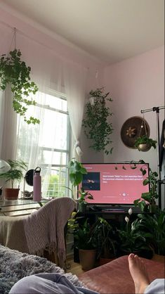 a living room filled with lots of plants and a flat screen tv mounted to the wall