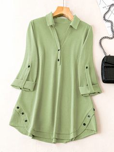 Plus Button Detail Roll Tab Sleeve Blouse Mint Green Casual  Long Sleeve Fabric Plain Top Non-Stretch  Women Plus Clothing, size features are:Bust: ,Length: ,Sleeve Length: Top Designs For Women, Long Shirt Tops, Girls Dresses Sewing, Mode Abaya, Boutique Dress Designs