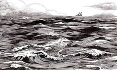 an ink drawing of waves and a boat in the distance