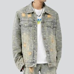 Be the envy of your next gathering with this one-of-a-kind boho vibe denim jacket from 2023 Spring Collection. This oversized. embroidered. distressed. and buttoned closure jacket is a classic everlasting that will make you stand out from the crowd.Distinctive Features: Boho Style: Make a statement with this timeless vagabond style. textured to turn heads. Oversized Fit: Enjoy a relaxed fit that allows for all-day comfort while making a trendy statement. Embroidered: Uniquely crafted and designe Ripped Cotton Denim Jacket For Streetwear, Spring Stonewashed Cotton Outerwear, Distressed Denim Jacket For Fall Streetwear, Ripped Relaxed Fit Cotton Outerwear, Ripped Cotton Outerwear With Relaxed Fit, Distressed Relaxed Fit Denim Jacket For Winter, Vintage Ripped Denim Jacket For Spring, Spring Distressed Denim Jacket For Streetwear, Winter Distressed Relaxed Fit Denim Jacket