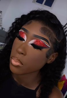 Red Birthday Makeup For Black Women, Red And Silver Makeup Looks, Red Makeup Looks Black Women, Graduation Things, Brown Makeup Looks, Red Makeup Looks