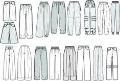 Trouser Illustration Sketches, Female Pants Drawing, Pants Outfit Drawing, Pants Sketch Drawing, Pants Design Drawing, Jeans Technical Drawing, How To Draw Baggy Pants, Technical Flats Fashion, Fashion Illustration Back