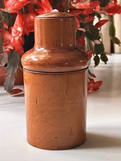 a brown vase with red flowers in the background