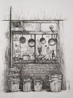 a drawing of a kitchen with pots and pans