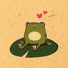 a drawing of a frog sitting on top of a green hat with hearts above it