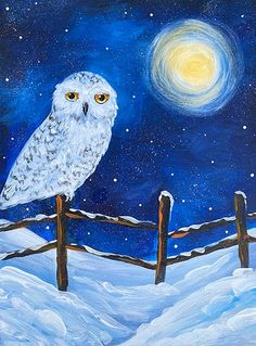 an owl is sitting on a fence in the snow with a full moon behind it