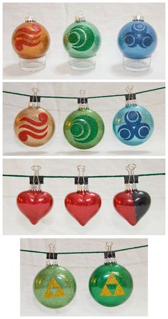 four different ornaments are hanging on a line