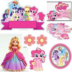 my little pony birthday party supplies including cake toppers, cupcakes and stickers