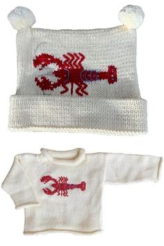 two knitted sweaters with red and white designs on them