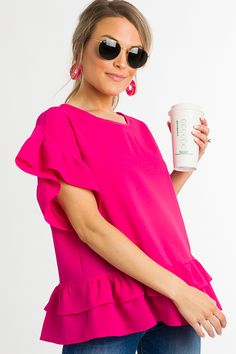 Sweet Ruffle Blouse, Fuchsia :: NEW ARRIVALS :: The Blue Door Boutique Blue Door, Boutique Clothing, One Shoulder Dress, Cute Dresses, Ruffle Blouse, Dresses, How To Wear, Clothes