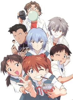 an anime character with many different expressions and hair colors, posing for a group photo