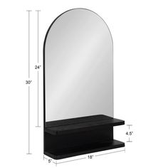 a black shelf with a mirror on it and measurements for the top half of it