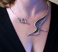 Darkwing Sterling Silver Bird in Flight Torque by StewartArt1 organic shapes, oxidised pieces, filigree on one side, boho drama on the other Elegant Pendant Jewelry With Unique Variations, Elegant Sterling Silver Ceremonial Jewelry, Elegant Formal Jewelry With Unique Design, Elegant One Of A Kind Jewelry For Ceremonial Use, Exquisite Engraved Pendant Jewelry, Exquisite Pendant Necklaces, Antique Hand Forged Jewelry For Formal Occasions, Antique Hand-forged Jewelry For Formal Occasions, Elegant Sterling Silver Jewelry With Unique Design