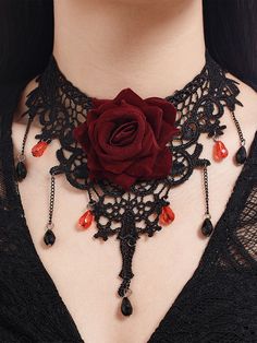 Halloween Gothic Lolita Red Rose Rose Lace Clavicle Necklace Urban Party, Gothic Flowers, Goth Accessories, Halloween Gothic, Reindeer Headband, Romantic Goth, Rose Lace, Party Halloween, Flower Accessories