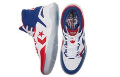 The all new Converse G4 Mid 'ABA' takes its design inspiration from the American Basketball Association and is a must-have for any hoops fan. The shoe features a unique asymmetrical red and blue colorway, with white textile uppers and Star Chevron branding on the quarter panels. The Converse trademark is repeated on the right tongue, while the left features the ABA logo. The midsole combines forefoot Zoom Air and Nike React cushioning in the heel, while an icy translucent rubber outsole provides Mid-top Converse Basketball Shoes, Red High-top Skate Shoes With Boost Midsole, Converse High-top Basketball Shoes, Red High-top Basketball Shoes With Abzorb Midsole, Red High-top Synthetic Basketball Shoes, New Converse, Nike React, Comfortable Shoes, Red And Blue