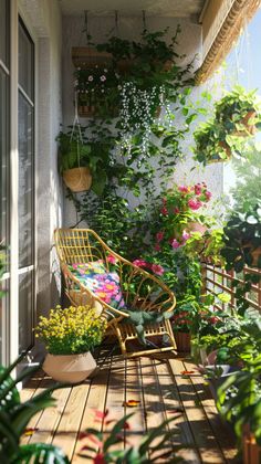 a balcony with plants and chairs on it