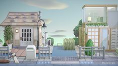 Animal Crossing Fake Building Ideas, Acnh Citycore Villager Houses, Acnh Costal City, Acnh Modern Island, Fake Buildings Animal Crossing, Acnh Fake Building, Retro House Exterior, Acnh Museum Exterior, Penthouse Exterior