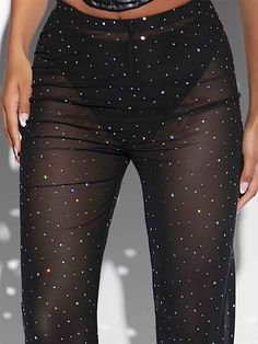 Rhinestone Black Pants 💖1. High-Quality Mesh Fabric: These rhinestone black pants are crafted from a superior mesh material, providing unmatched ventilation and comfort, ideal for cooling off in warm climates while ensuring comfort for long durations.💖2. Glimmering Rhinestone Accents: Decorated with precisely placed rhinestones, these trousers offer a unique aesthetic that shines, capturing attention in any setting. This feature is excellent for boosting confidence at parties, nightlife, or fo Streetwear Formal, Rhinestone Pants, Short Sequin Skirt, Silver Sequin Skirt, Purple Sequin Dress, Boosting Confidence, Green Sequin Dress, Rhinestone Skirt, White Sequin Dress