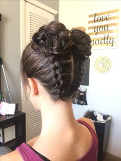 Braided Hairstyles Space Buns, Hairstyle With Two Buns, Braided Bun For Short Hair, Elegant Space Buns, Formal Space Buns, Brown Hair Space Buns, Space Buns Braids, Space Buns With Braids, Braid Space Buns