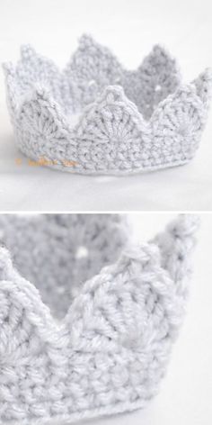 crocheted crown made from white yarn with two sides facing each other and one side facing the viewer