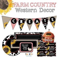 the farm country western decor kit includes sunflowers, barnyard signs and banners