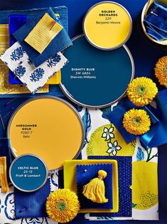 blue and yellow color scheme with flowers