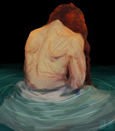 a painting of a woman sitting in the water with her back turned to the camera