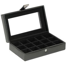 an open black box with compartments on the inside