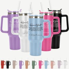 thermos travel mug with handle is shown in different colors and sizes, including pink, blue, green, purple, black