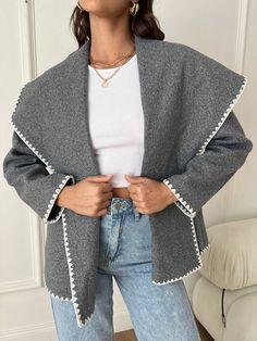 Grey Casual Collar Long Sleeve Woven Fabric Colorblock,Plain Other Embellished Slight Stretch  Women Clothing Office Wear Women, Womens Business Casual, Elegant Dresses Long, Fall Jackets, Tops Fall, Winter Coats Women, Women Set, Halloween Women, Fall Outfits Women