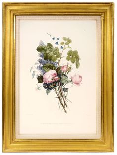 a painting with flowers and leaves in a gold frame