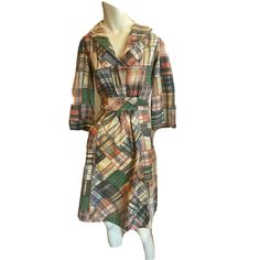 70s Patchwork, Long Sleeve Cotton Dress, Madras Plaid, Half Apron, Dress Long Sleeve, Plaid Dress, Shawl Collar, Full Skirt, Dress Clothes For Women