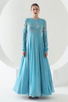 Buy Mehak Talreja Couturre Blue Georgette Nawabi Embroidered Floor Length Anarkali Online | Aza Fashions Light Blue Anarkali, Blue Churidar, Churidar Sleeves, Anarkali Patterns, Flared Anarkali, Designer Sharara Suits, Floor Length Anarkali, Sharara Suit