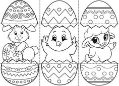 an easter egg cutout with four different designs on it, including two chicks and one cat