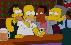 the simpsons characters are sitting at a table with their hands on each other's hips