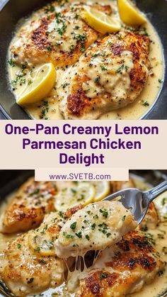 one - pan creamy lemon parmesan chicken is the perfect meal to make for dinner