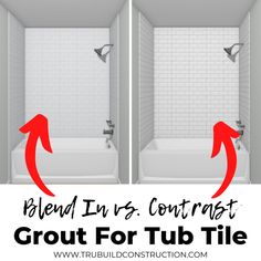 two pictures showing how to paint tile in the bathroom with red arrows pointing up and down