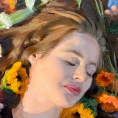 a painting of a woman with her eyes closed and flowers around her head in the background